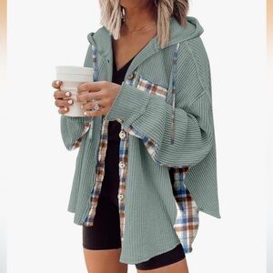 SHEWIN Womens Waffle Knit Plaid Shacket Boyfriend Hooded NEW
Size XXL
Light Blue